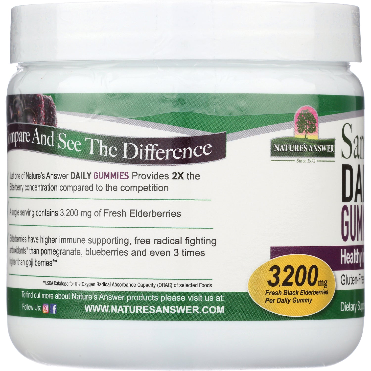 NAT405 | Back label of elderberry gummy jar showing product claims, 3,200 mg fresh black elderberries badge and website