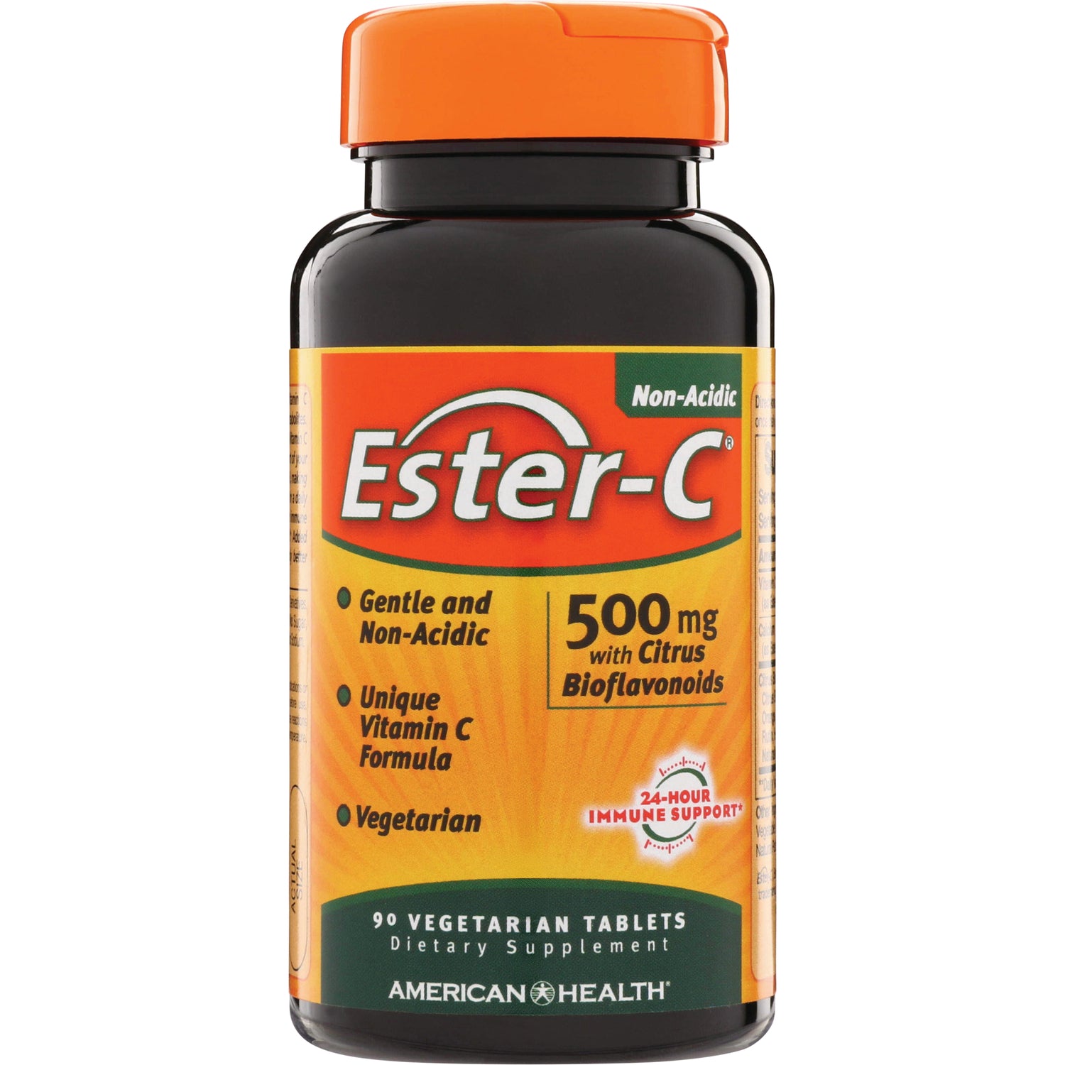 AM117 | Ester-C 500 mg bottle of 90 vegetarian tablets with orange label, American Health