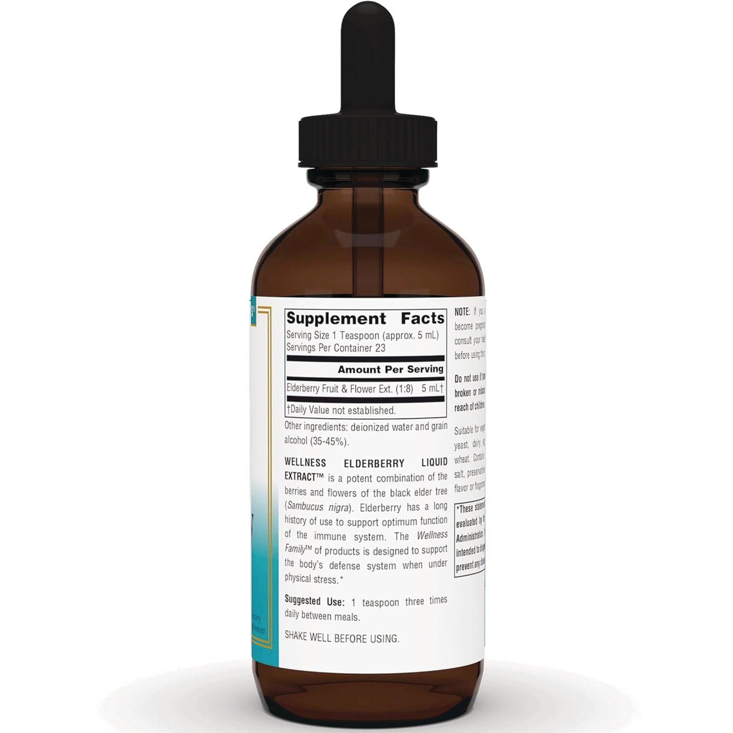 SN224 | Back label with Supplement Facts and suggested use for elderberry liquid extract dropper bottle