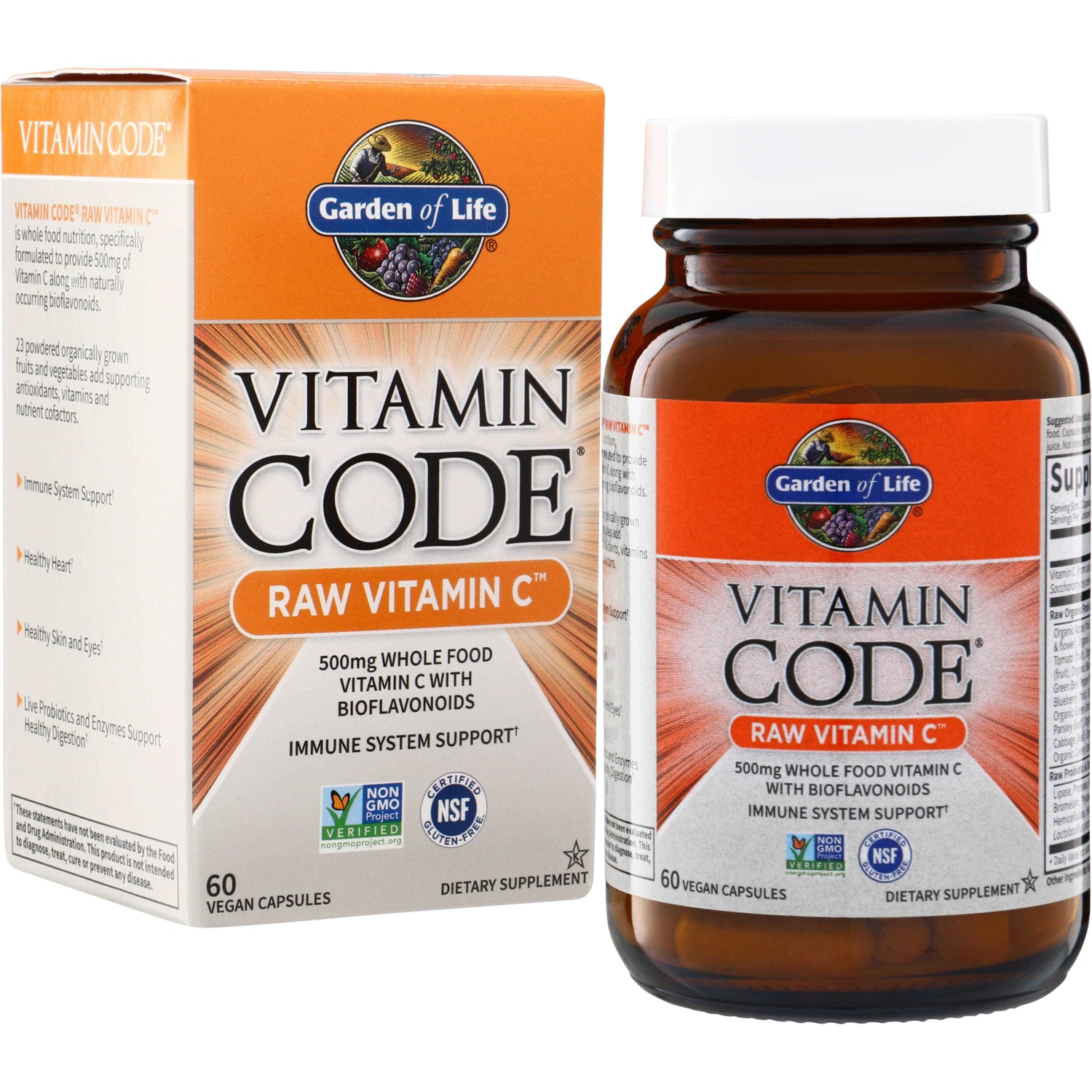 GLF104 | Garden of Life Vitamin Code Raw Vitamin C, 60 vegan capsules, box and bottle front