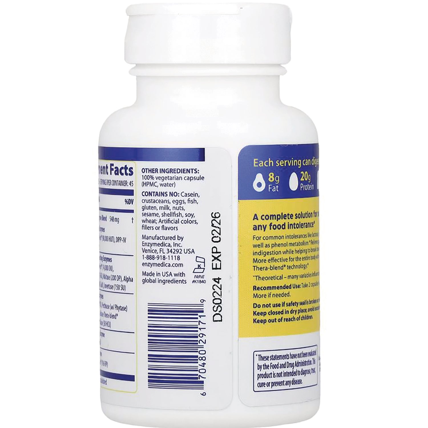 EMD049 | back label of white supplement bottle showing ingredient list, barcode, expiry code and nutrition callouts