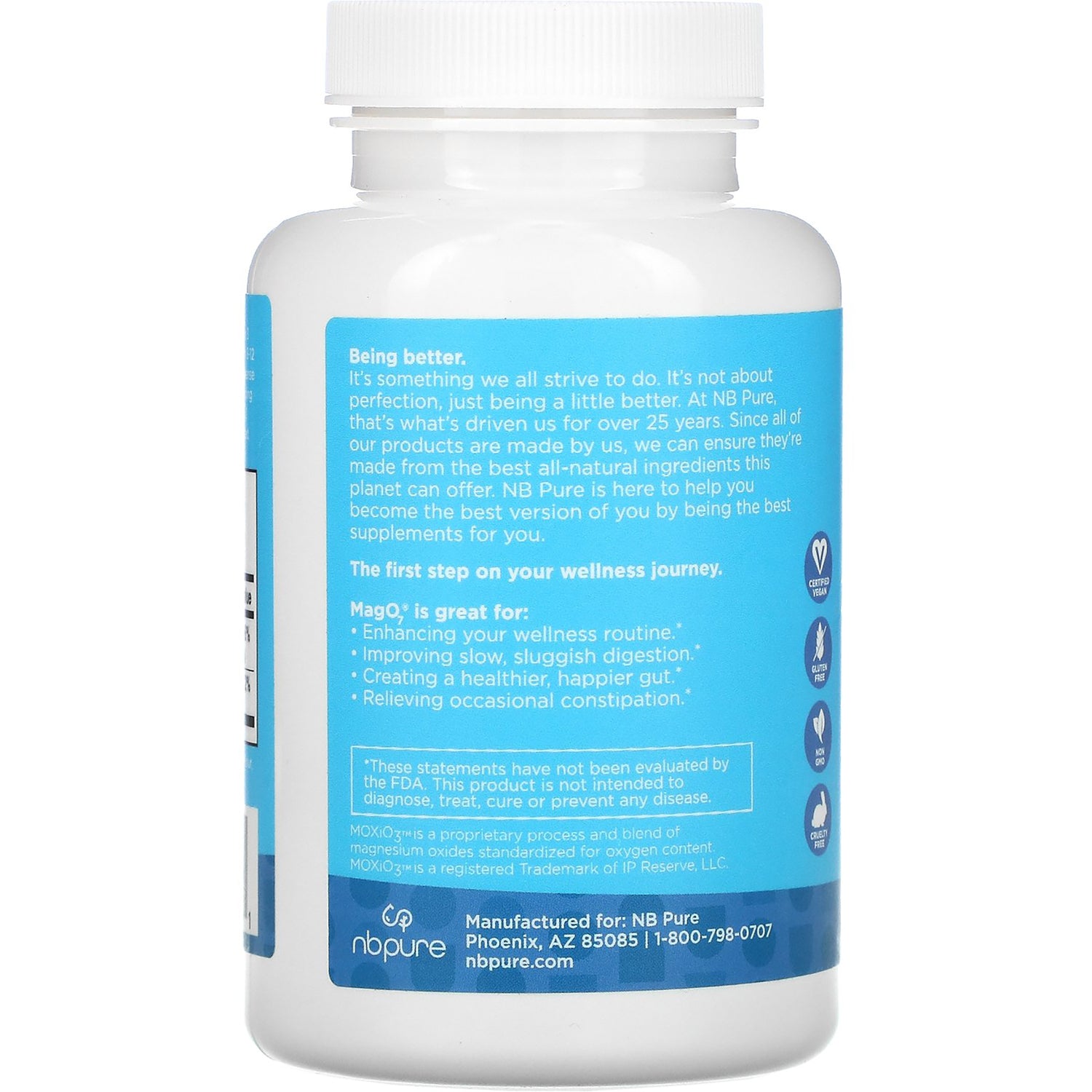 ARL005 | Back of white supplement bottle with blue label showing product claims, usage text, and certification icons