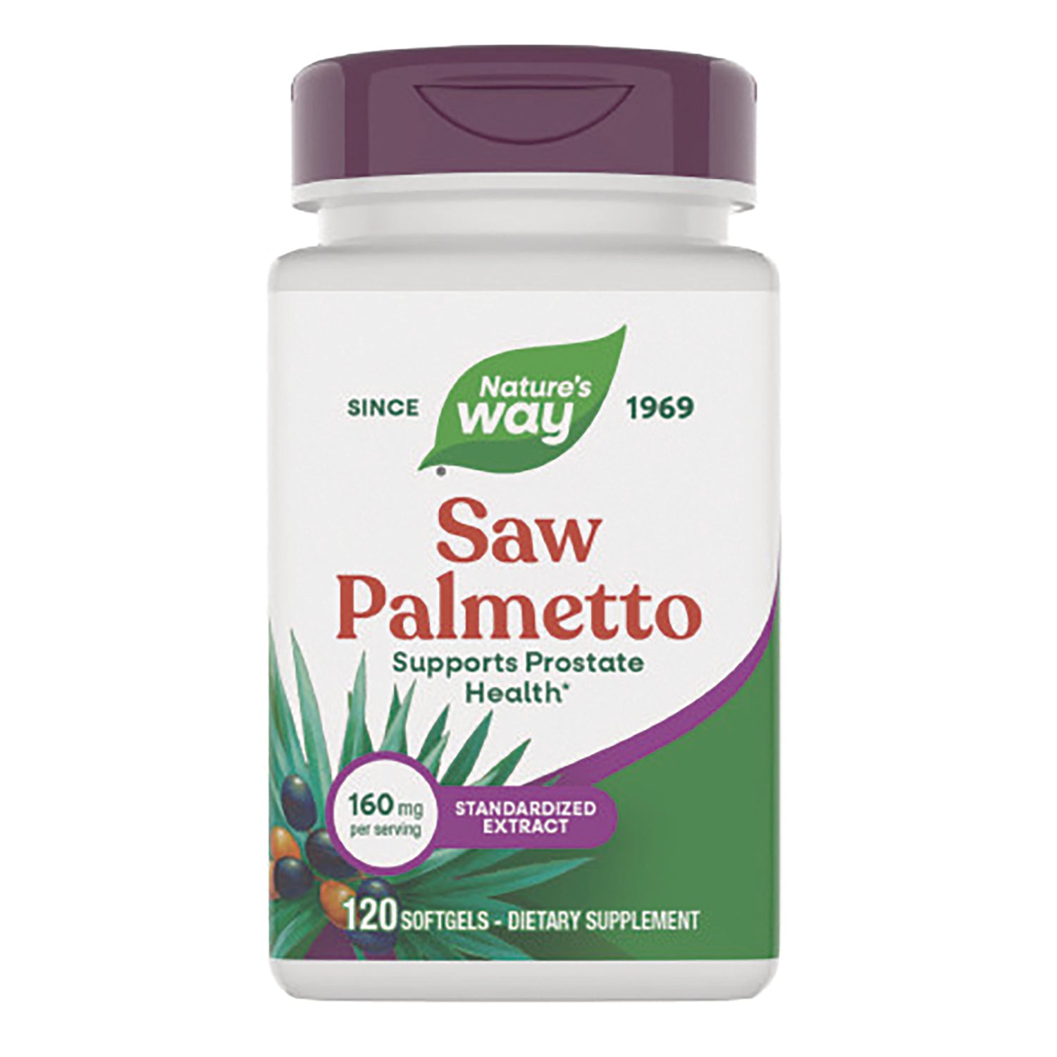 ET262 | Nature's Way Saw Palmetto supplement bottle showing 120 softgels and 160 mg per serving label