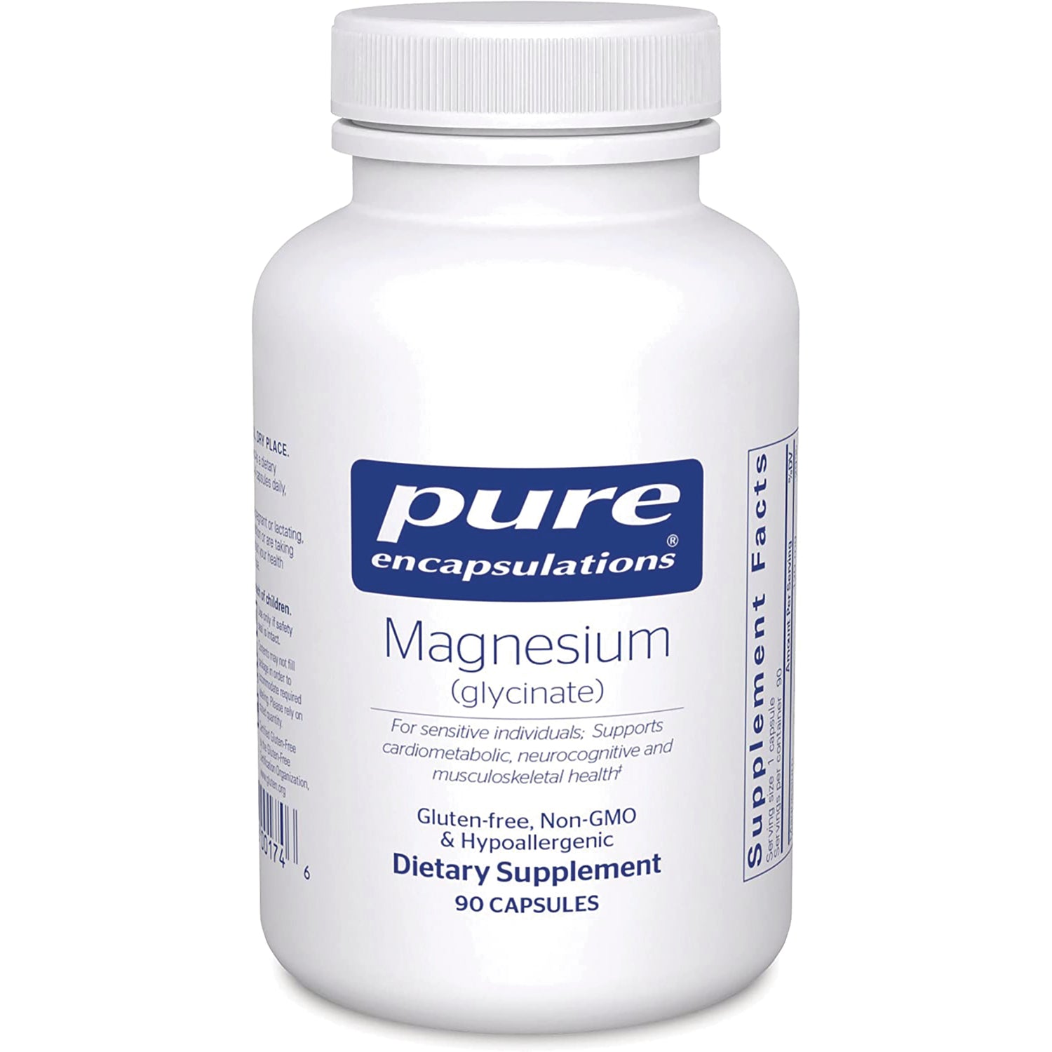 PRN027 | Pure Encapsulations Magnesium (glycinate) white supplement bottle front labeled Dietary Supplement 90 CAPSULES