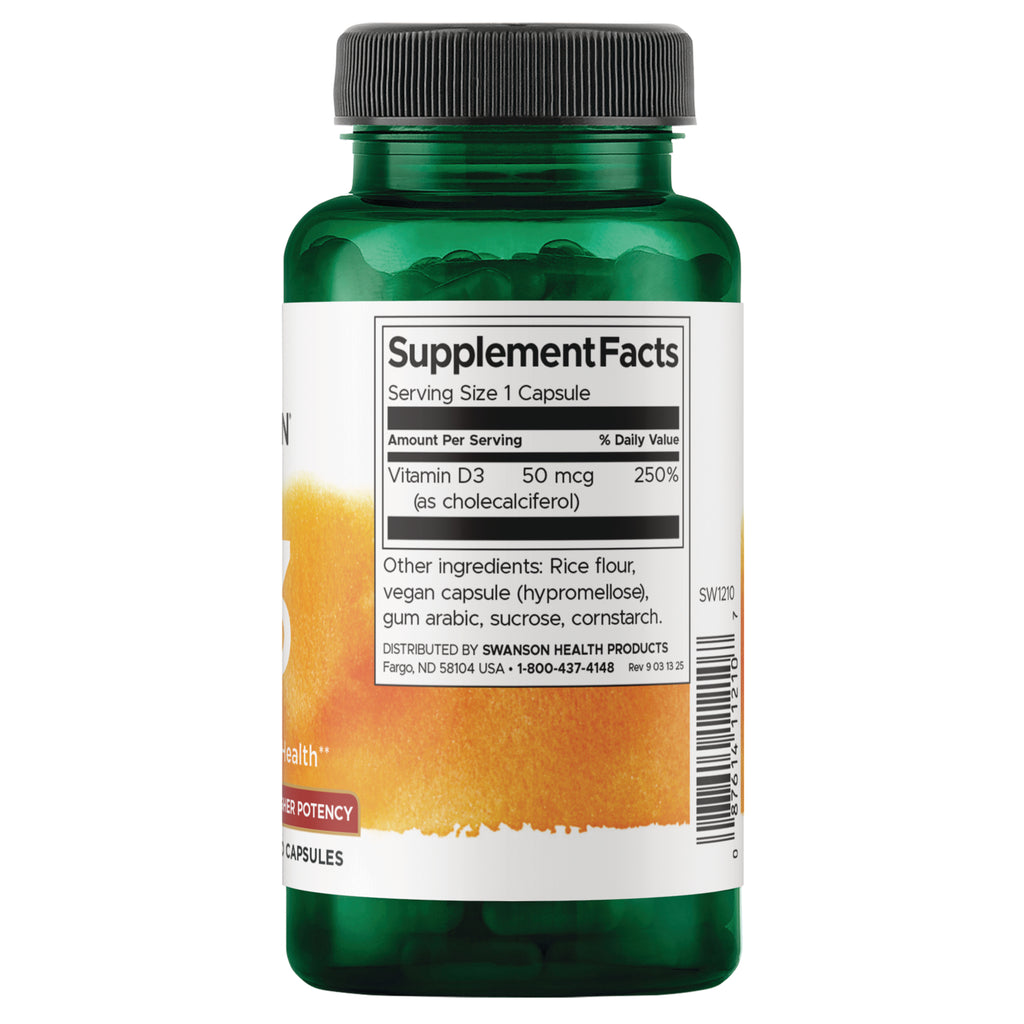 SW1210 | Back label with Supplement Facts for Vitamin D3 50 mcg (250% DV) and ingredients list - Thumbnail