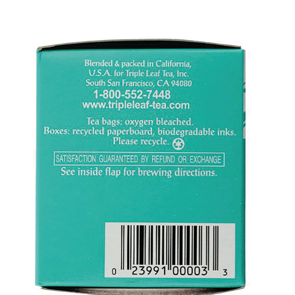 TLT006 | Back of Triple Leaf Tea box with 1-800-552-7448, tripleleaf-tea.com, recycle note, satisfaction guarantee, and barcode - Thumbnail