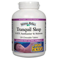 NFC180 | Natural Factors Stress-Relax Tranquil Sleep bottle, 120 chewable tablets labeled 5-HTP, Suntheanine & Melatonin