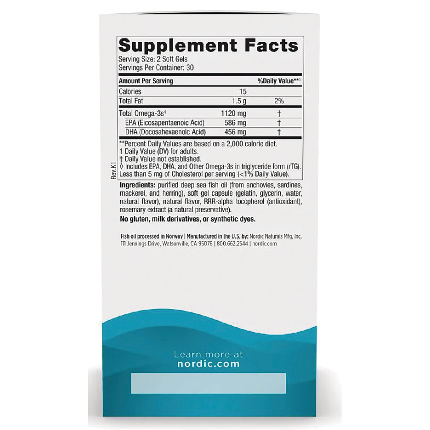 NRN062 | Back panel showing Supplement Facts with omega-3 amounts, ingredients, and Learn more at nordic.com