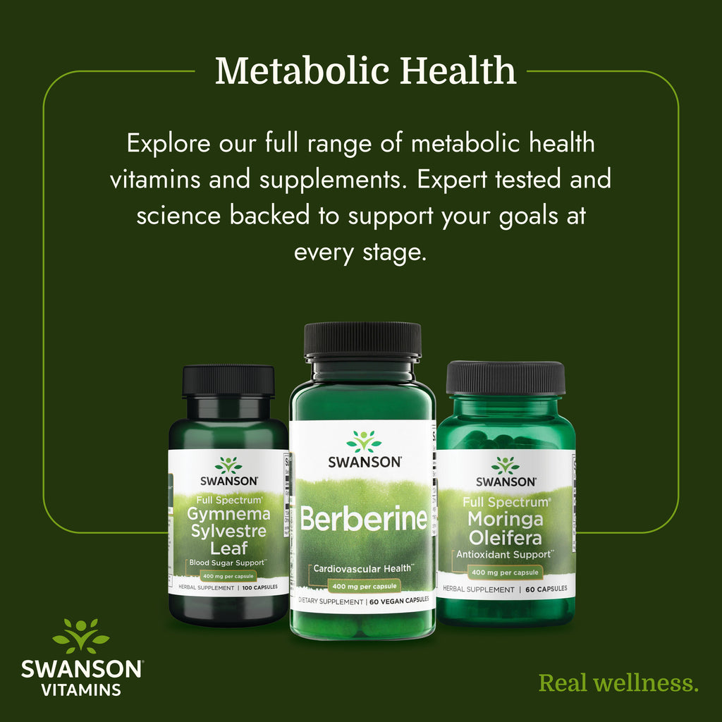 SW1411 | Swanson Metabolic Health infographic with Berberine, Gymnema Sylvestre Leaf, and Moringa Oleifera bottles - Thumbnail