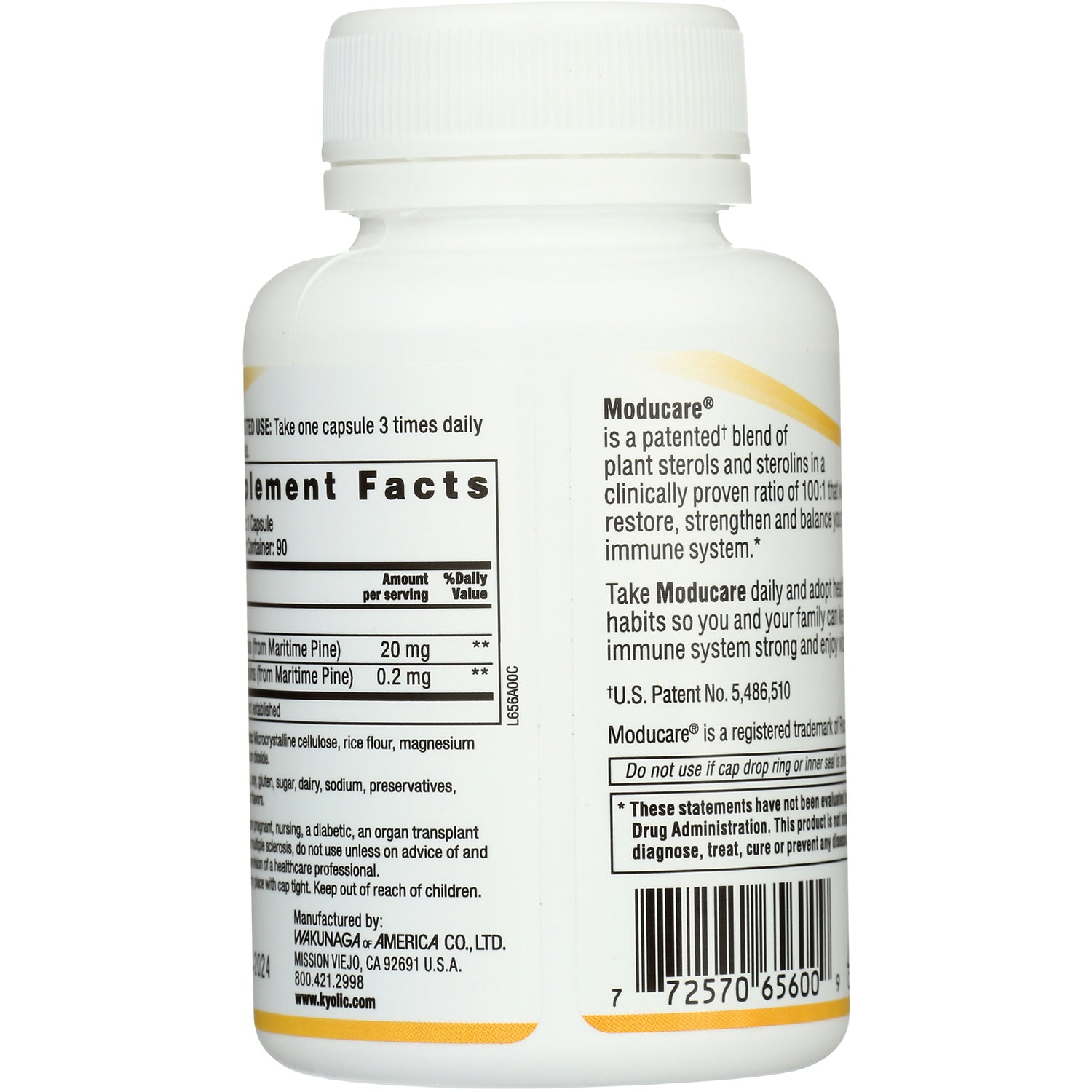 KY078 | Back label of white supplement bottle showing supplement facts, Moducare description and barcode