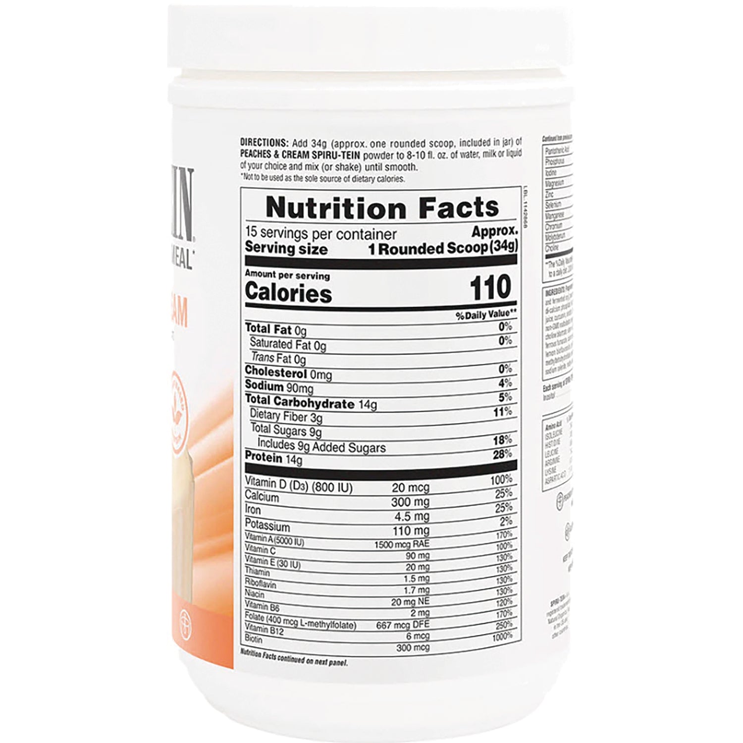 NTP161 | Nutrition Facts panel showing 110 calories, serving size 1 rounded scoop (34g), 14g protein, 14g total carbohydrate