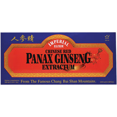 IE001 | Imperial Elixir Chinese Red Panax Ginseng Extractum box with red central label and blue border
