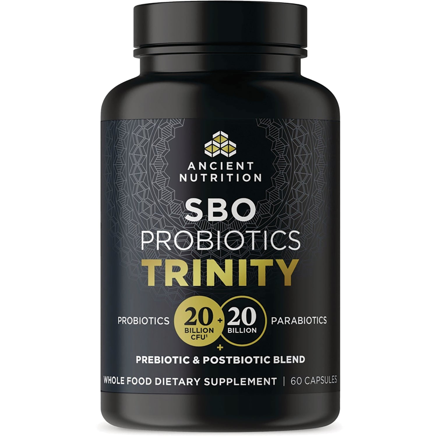 ATN118 | Black Ancient Nutrition bottle labeled 'SBO Probiotics Trinity' with '20 + 20 billion' on front