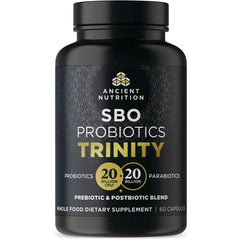 ATN118 | Black Ancient Nutrition bottle labeled 'SBO Probiotics Trinity' with '20 + 20 billion' on front