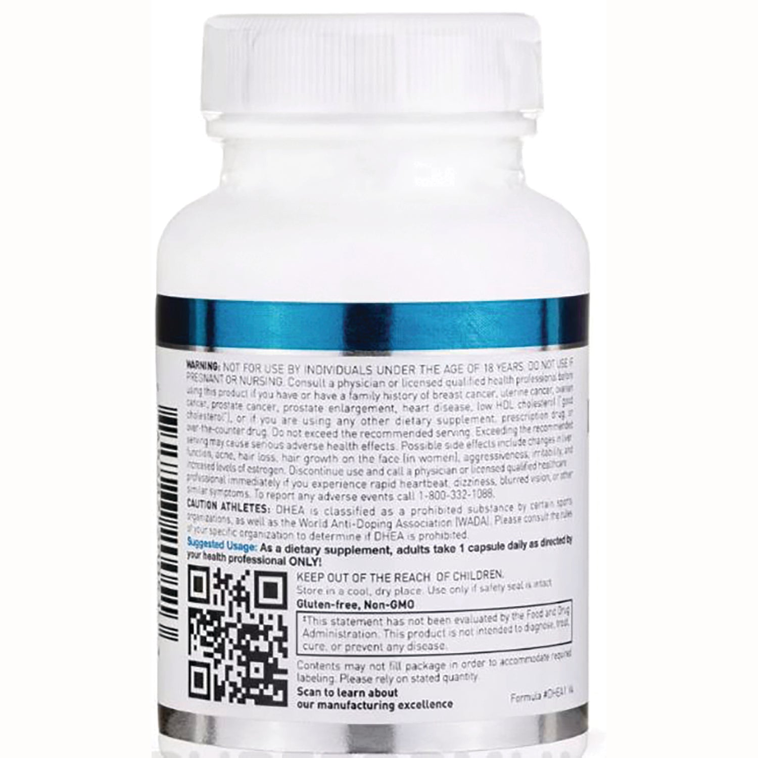 DGL020 | back label of white supplement bottle showing warnings, suggested use, QR code and barcode
