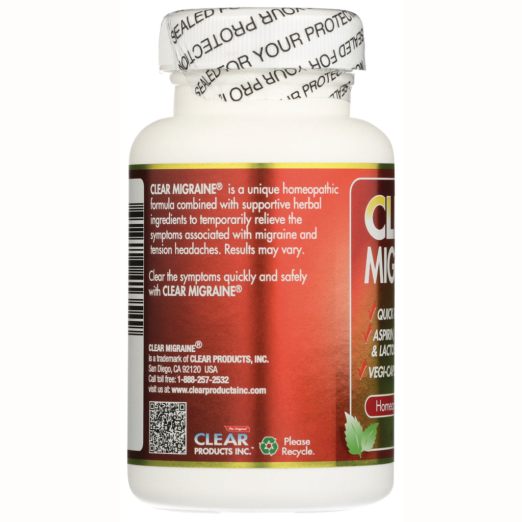 Back label of Clear Migraine bottle showing product description, barcode, QR code and recycle logo - Thumbnail