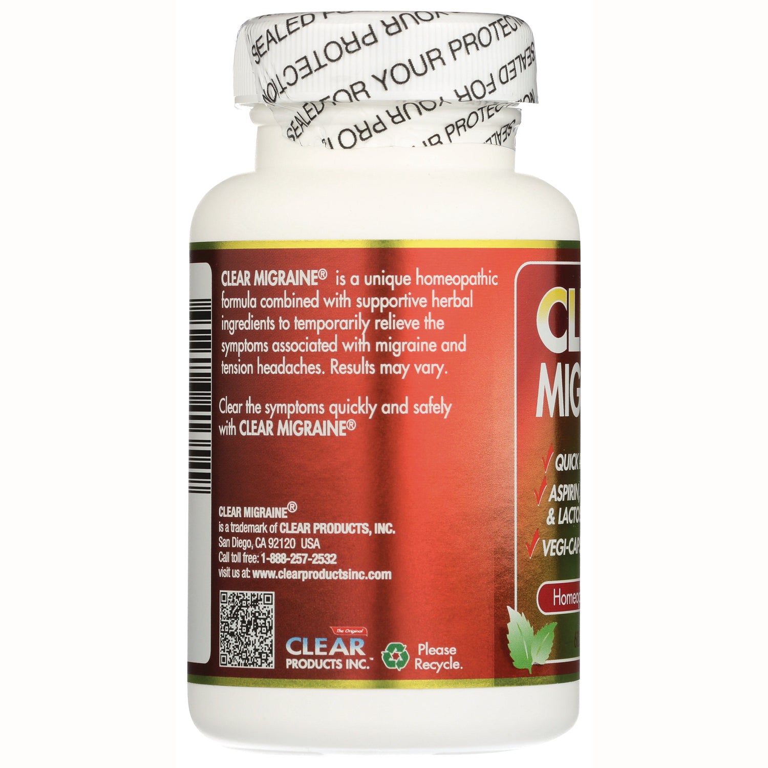 Back label of Clear Migraine bottle showing product description, barcode, QR code and recycle logo