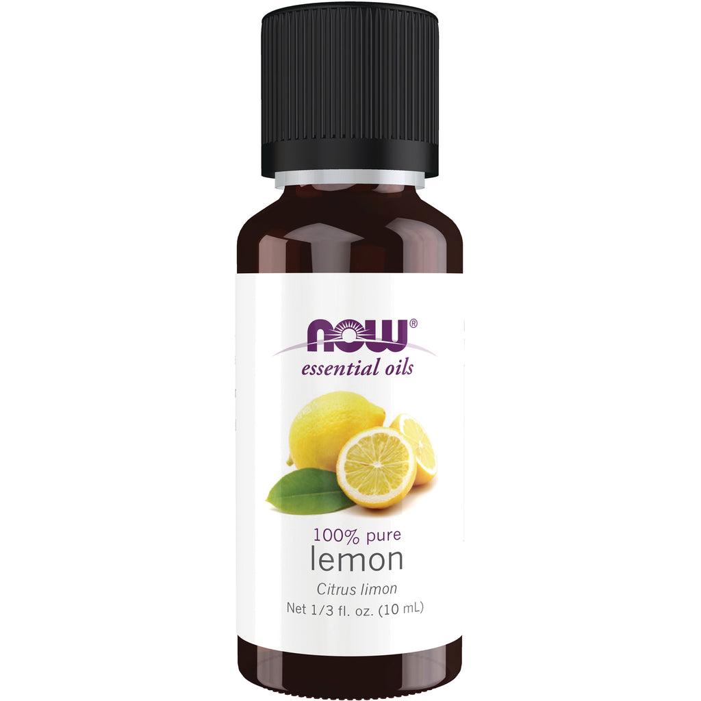 NWF060 | NOW essential oils 100% pure lemon 10 mL amber bottle with black cap and lemon label - Thumbnail