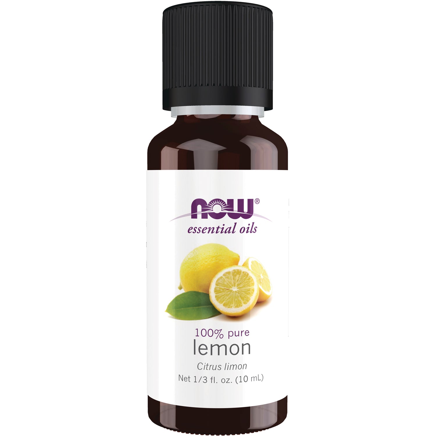 NWF060 | NOW essential oils 100% pure lemon 10 mL amber bottle with black cap and lemon label