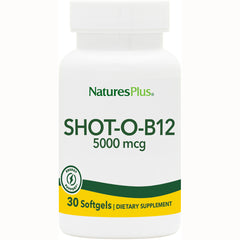 NTP125 | NaturesPlus SHOT-O-B12 5000 mcg white bottle labeled 30 Softgels dietary supplement