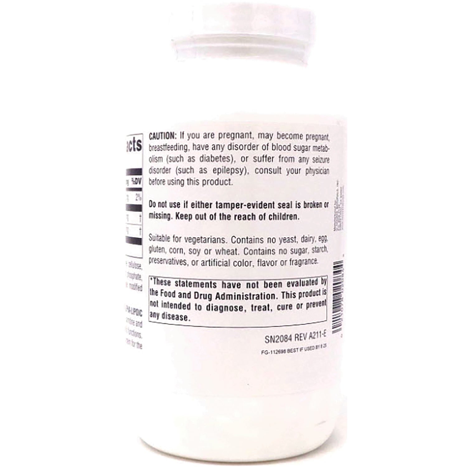 SN183 | Supplement bottle back label with caution statement, tamper-evident seal notice, vegetarian info, and FDA disclaimer