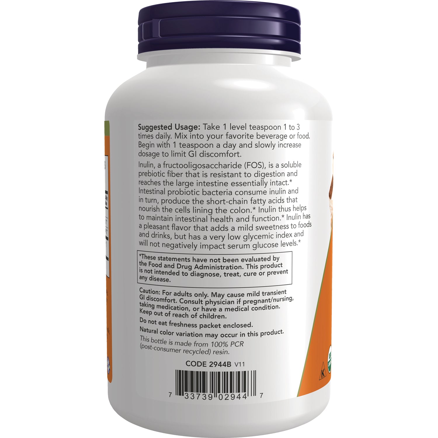 NWF828 | Back label of white supplement bottle showing suggested usage, caution statements and barcode