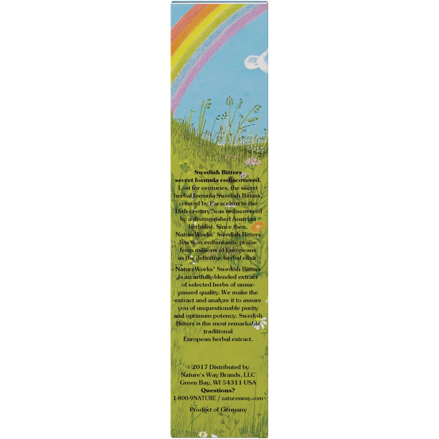 NR028 | product infographic panel showing meadow illustration, rainbow, and Swedish Bitters description text