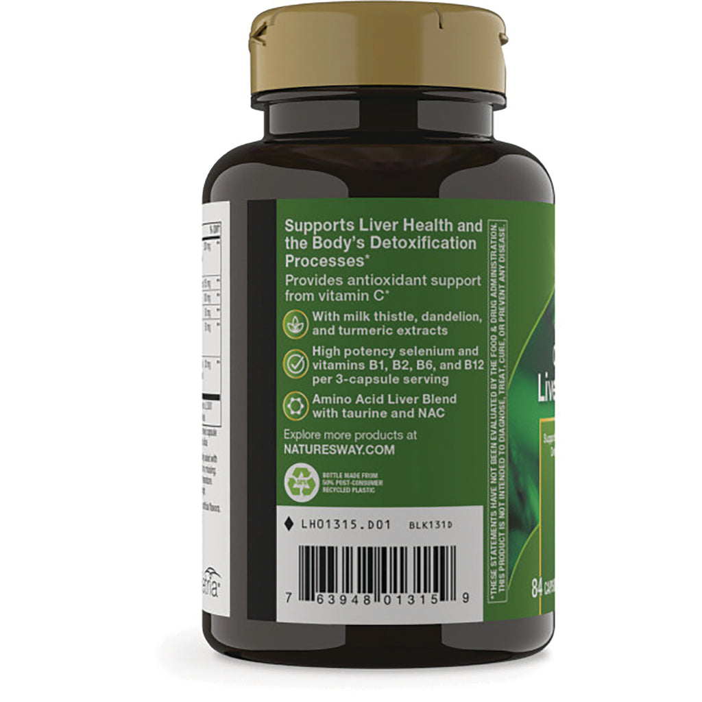 ET335 | Back label of supplement bottle showing liver support claims, ingredient highlights, and barcode - Thumbnail