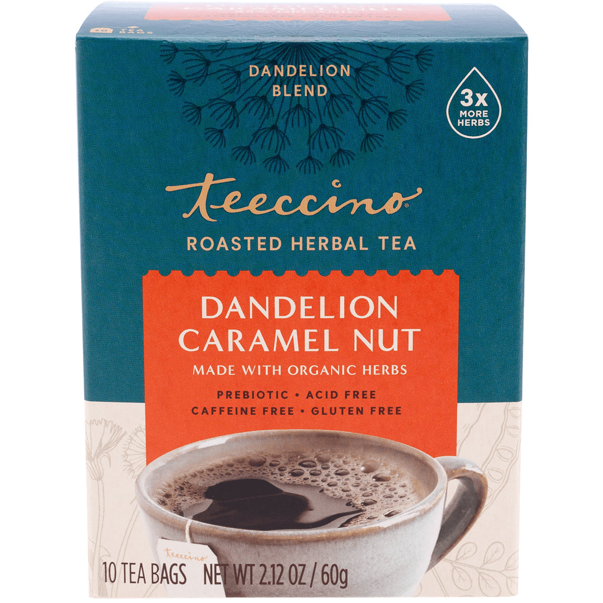 TCN018 | Teeccino Roasted Herbal Tea, Dandelion Caramel Nut blend box, 10 tea bags, caffeine free