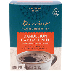 TCN018 | Teeccino Roasted Herbal Tea, Dandelion Caramel Nut blend box, 10 tea bags, caffeine free