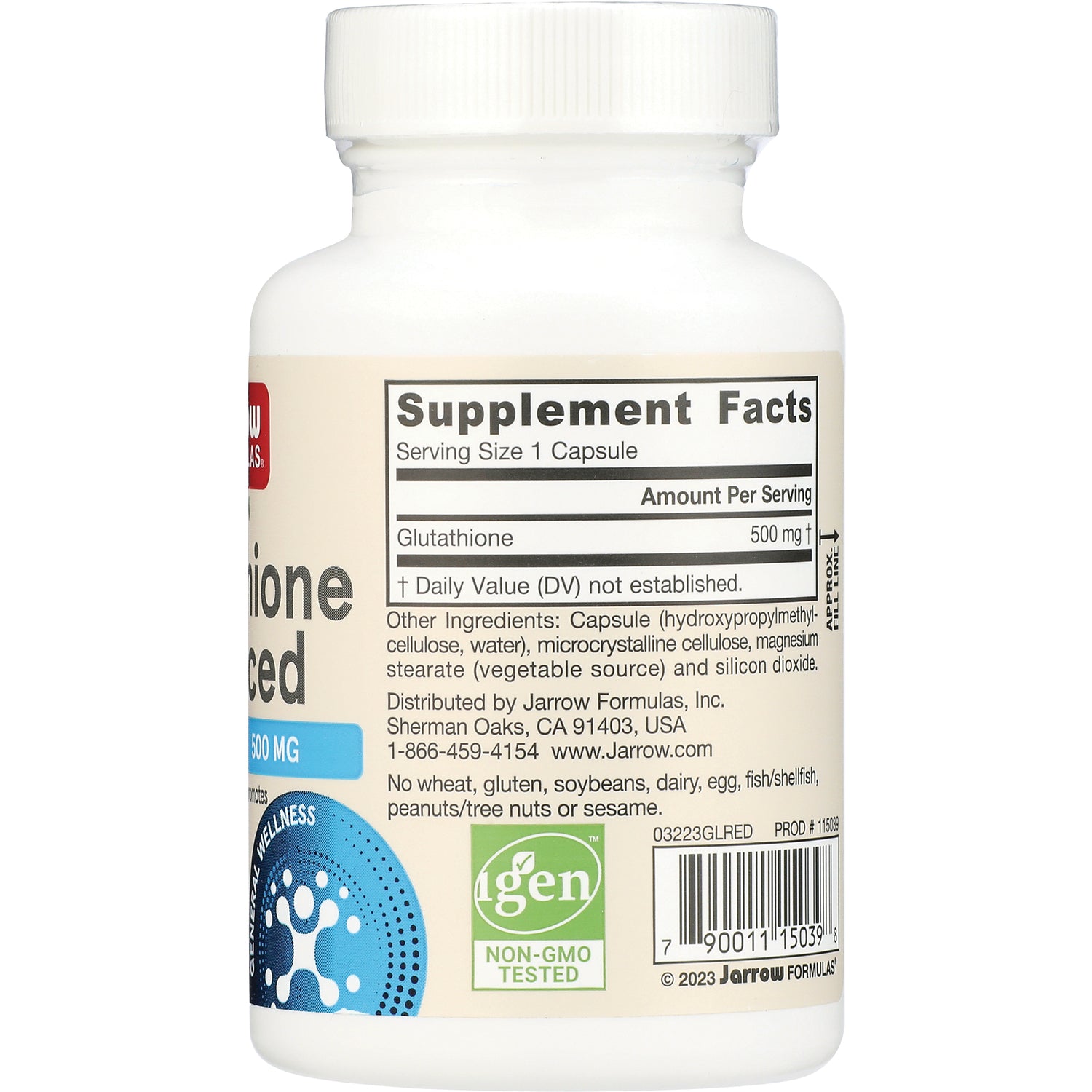 JR083 | Back label of white supplement bottle showing Supplement Facts panel, Glutathione 500 mg, ingredients, non-GMO tested logo and barcode