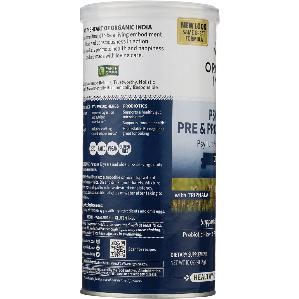 RGN081 | Back label of psyllium pre & probiotic dietary supplement canister showing directions, certifications, and ingredient text - Thumbnail