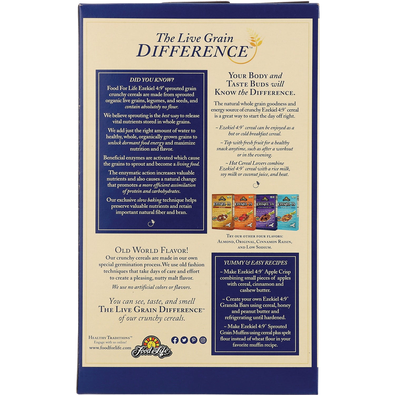 FFL003 | back panel of cereal box showing product infographic, text blocks, recipes and small flavor images