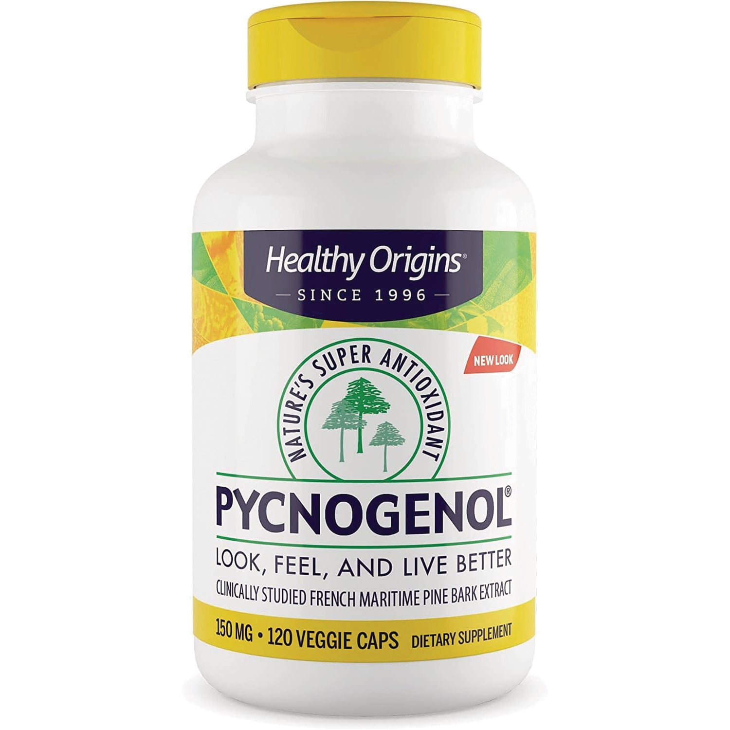 Healthy Origins Pycnogenol bottle front label showing 150 mg 120 veggie caps dietary supplement
