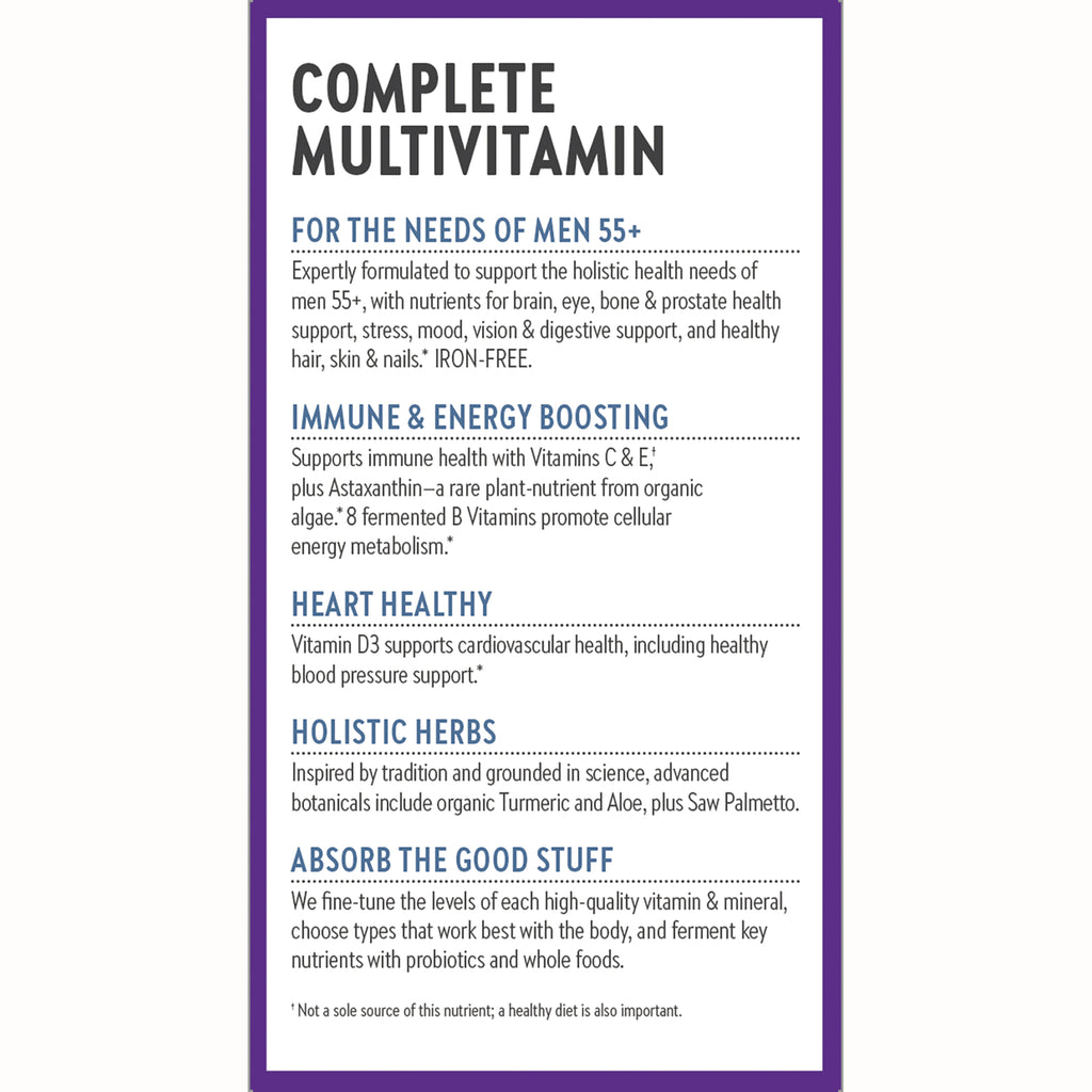 NWC299 | Product infographic for Complete Multivitamin listing benefits for men 55+, immune support, heart health, herbs, absorption - Thumbnail