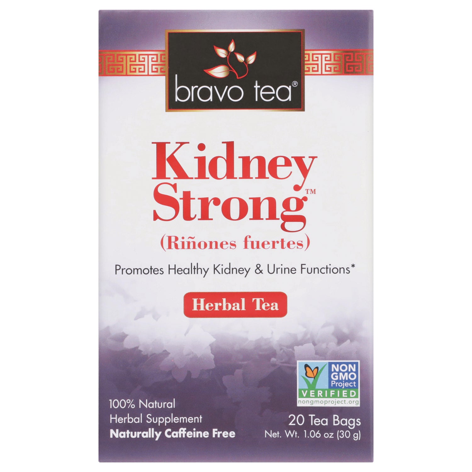 BVT007 | Bravo Tea Kidney Strong herbal tea box front, 20 tea bags, Non-GMO Verified, naturally caffeine free