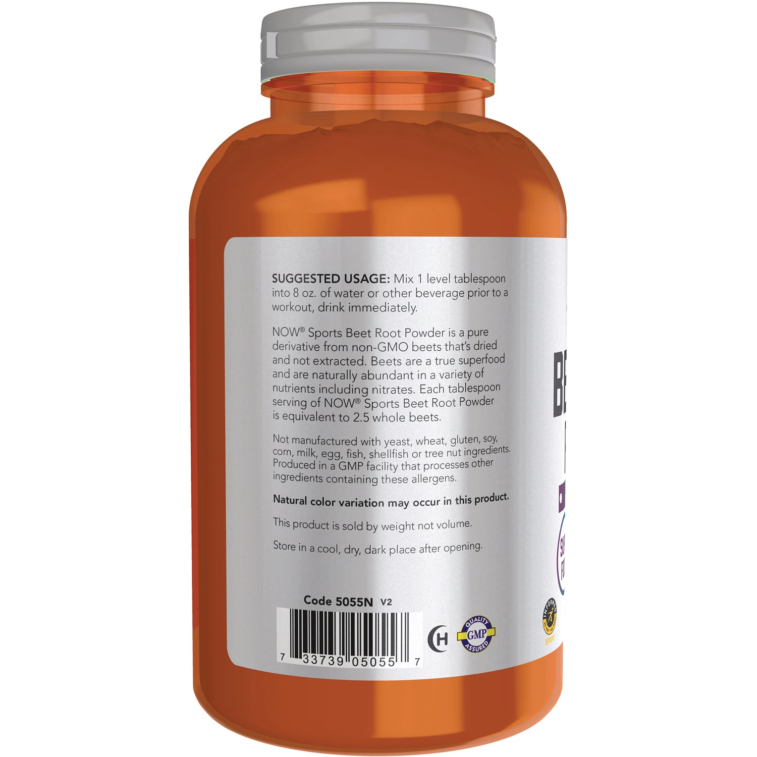 NWF1343 | Back label of orange supplement bottle showing suggested usage text, barcode and storage instructions