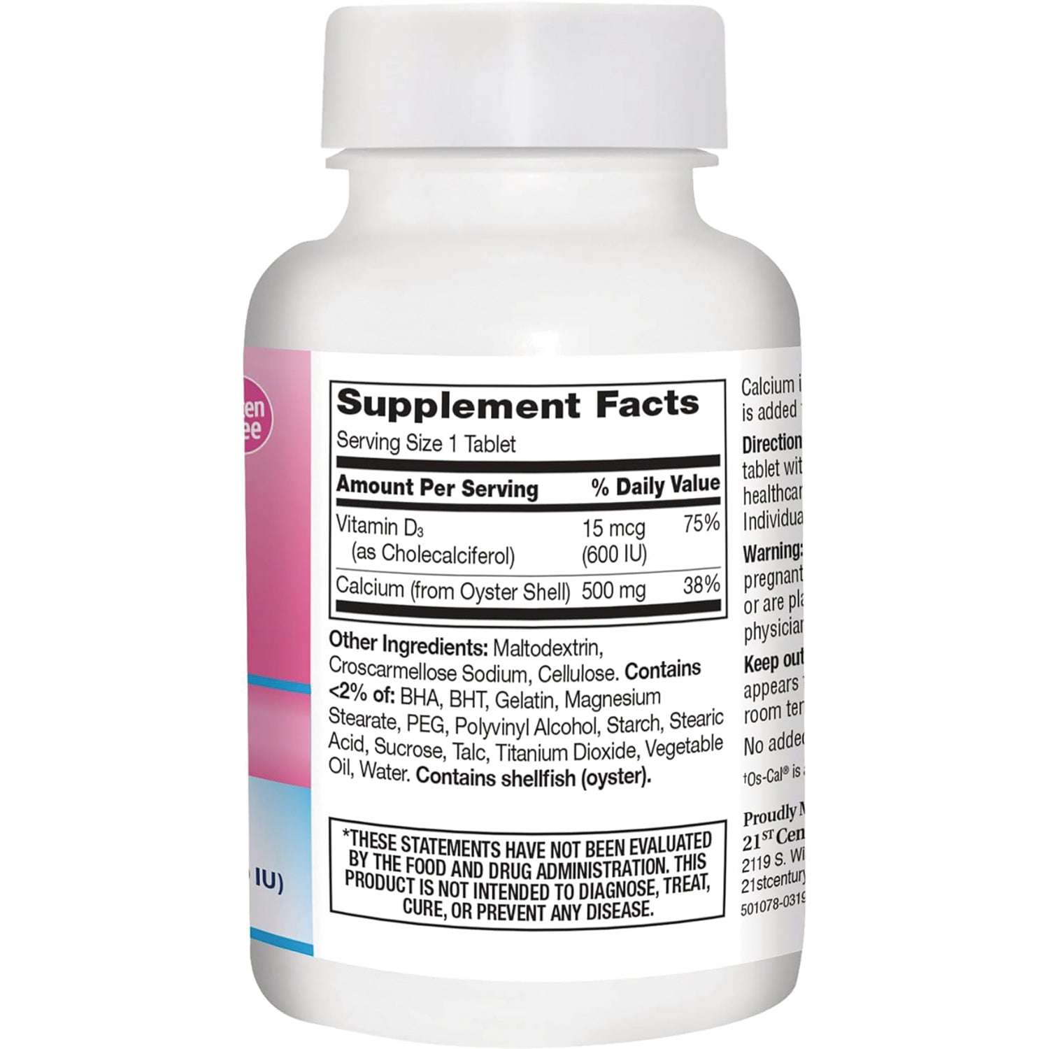 CNT256 | Back label: Supplement Facts with Vitamin D3 15 mcg (600 IU), Calcium 500 mg, contains shellfish (oyster)