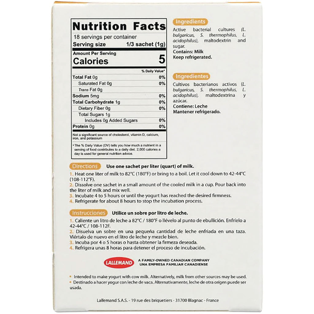 YOG005 | Back panel with Nutrition Facts, ingredients, and directions for yogurt starter culture - Thumbnail