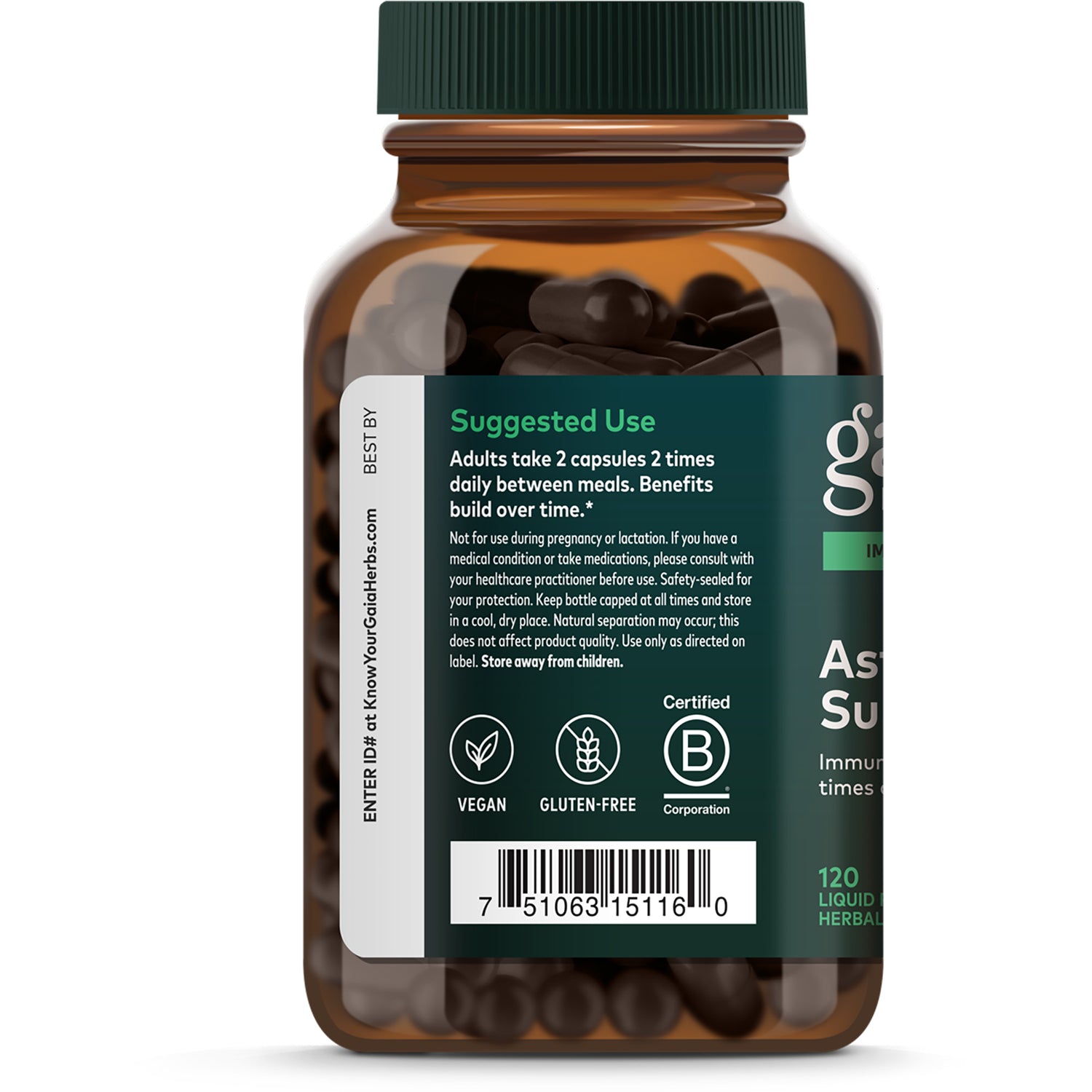 GH136 | Back label of amber supplement bottle showing 'Suggested Use' instructions, vegan and gluten-free icons, and barcode