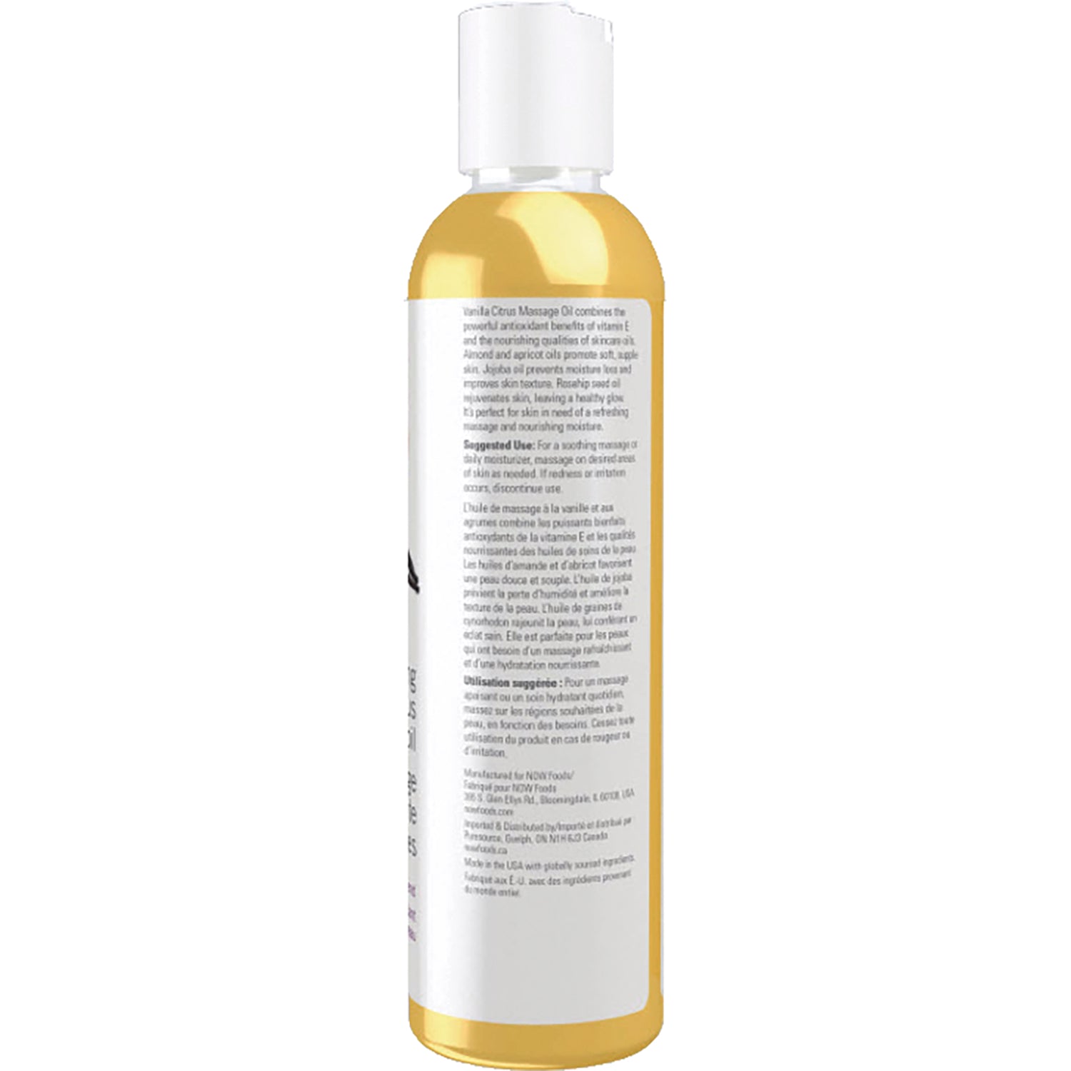 NWF1103 | Back of yellow massage oil bottle showing label text and usage directions