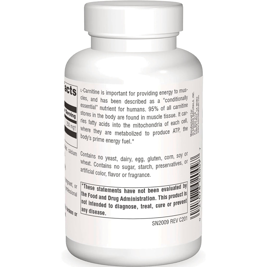 SN563 | Supplement bottle back label with L-Carnitine description, allergen statement, FDA disclaimer, and barcode - Thumbnail