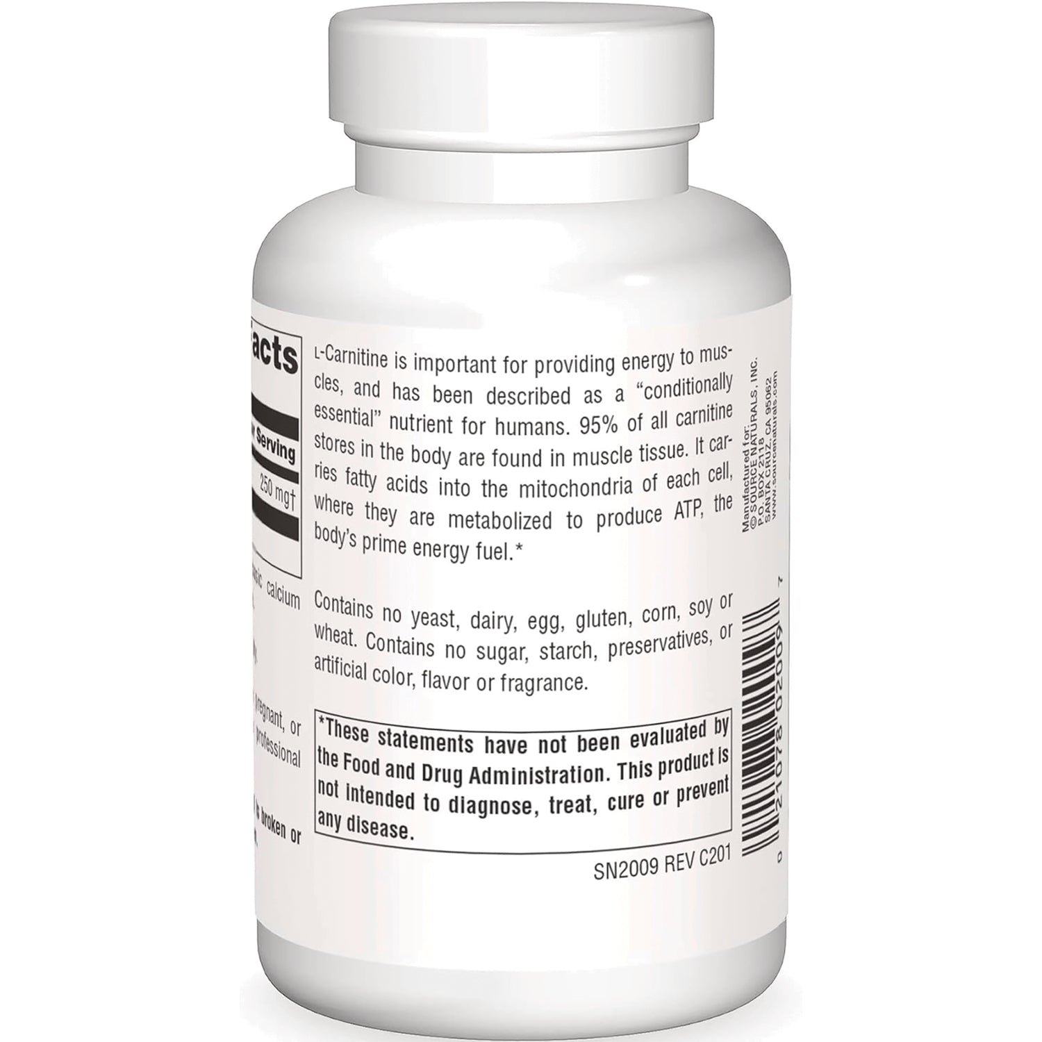 SN563 | Supplement bottle back label with L-Carnitine description, allergen statement, FDA disclaimer, and barcode
