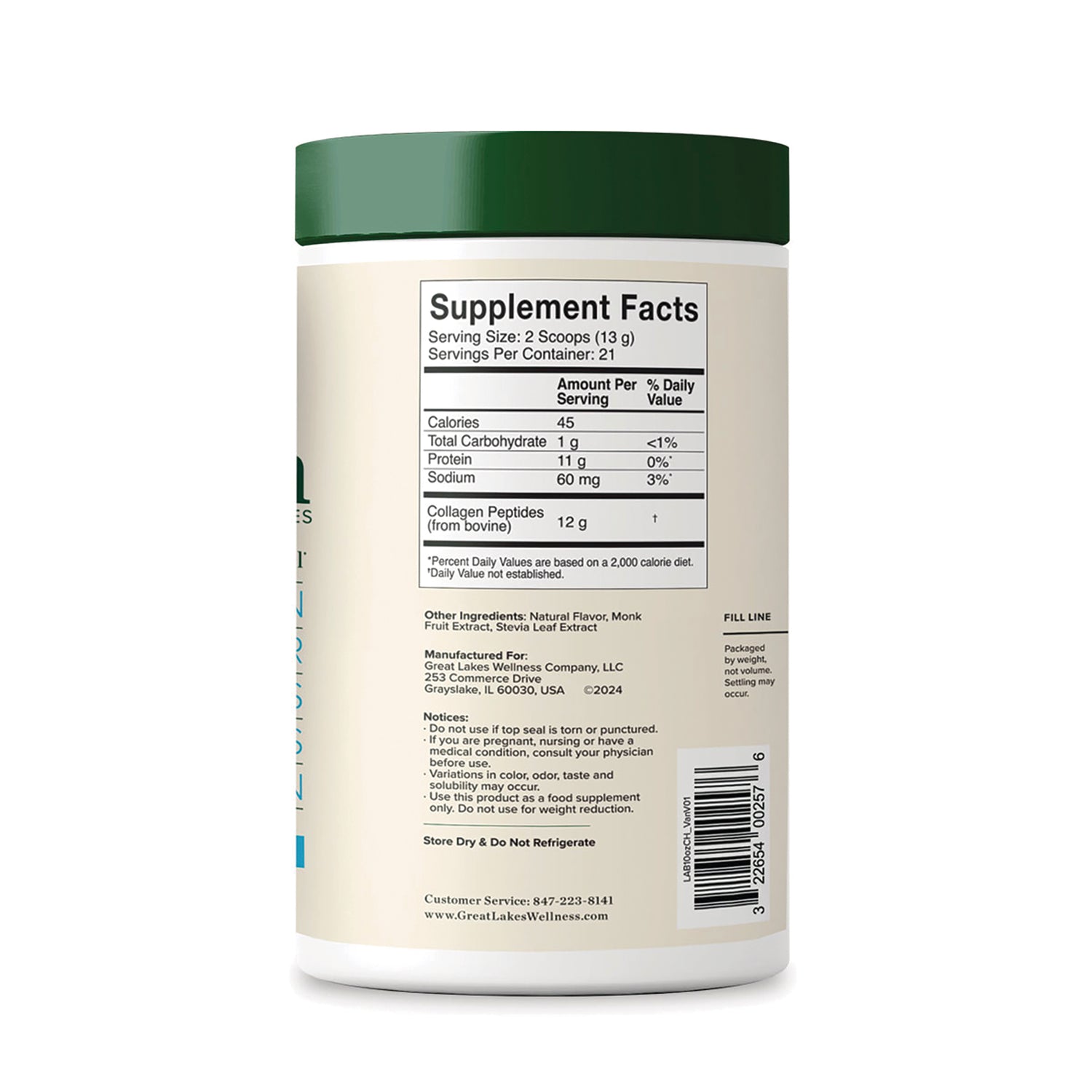 GLK015 | Back label showing Supplement Facts panel, ingredients, barcode and storage instructions on white supplement jar