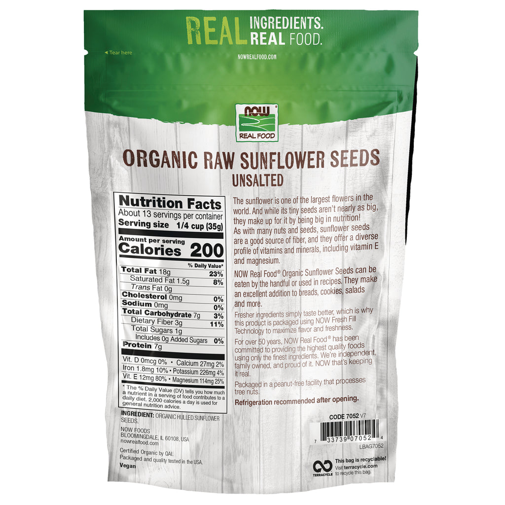 NWF1421 | Back of NOW Real Food organic raw sunflower seeds bag showing nutrition facts, product description, and barcode - Thumbnail