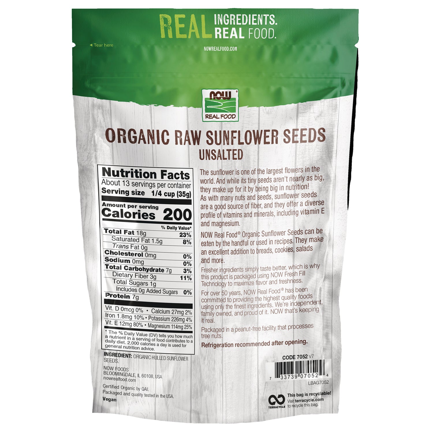 NWF1421 | Back of NOW Real Food organic raw sunflower seeds bag showing nutrition facts, product description, and barcode