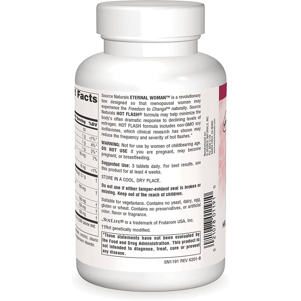 SN617 | Source Naturals Eternal Woman Hot Flash supplement bottle back with directions and warnings - Thumbnail
