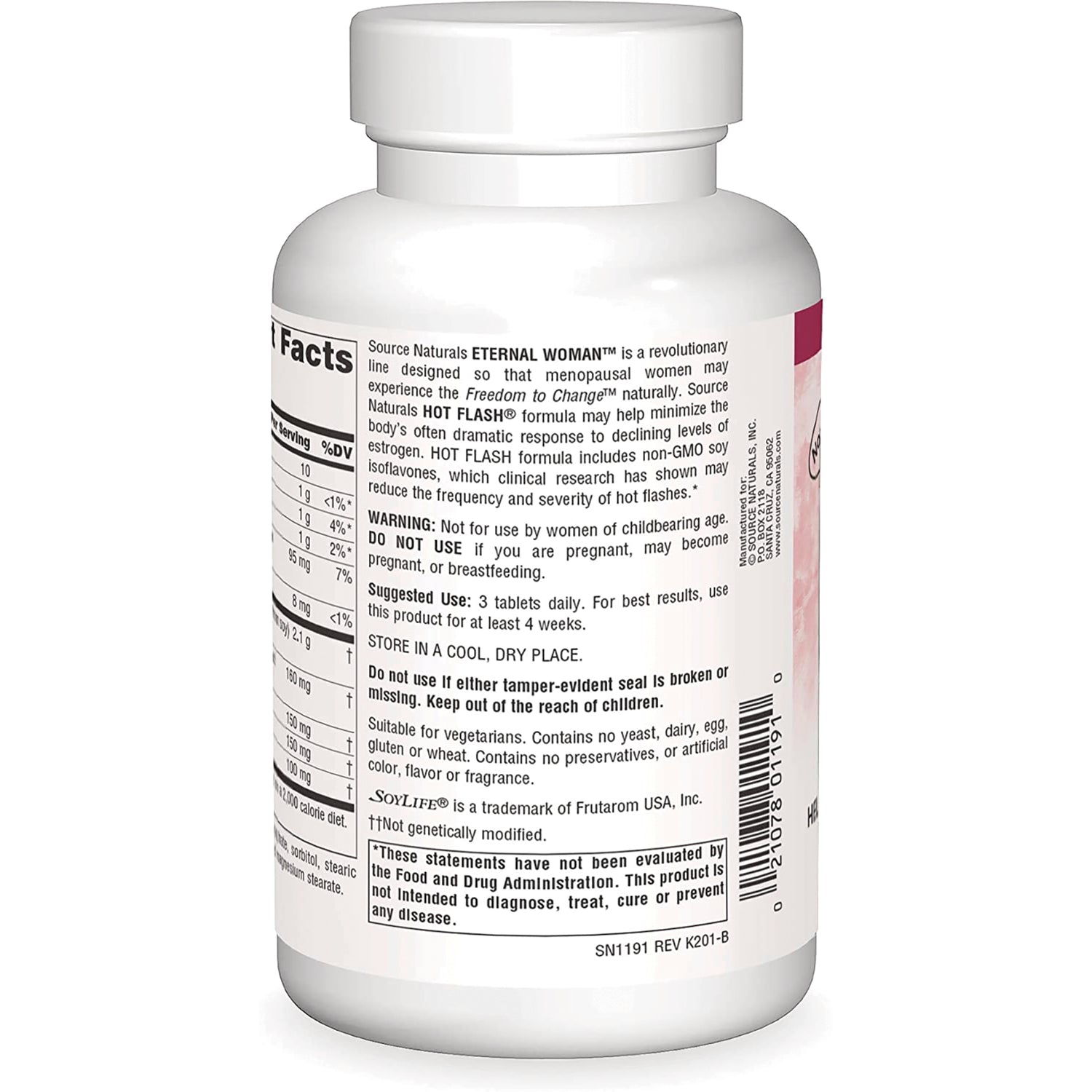 SN617 | Source Naturals Eternal Woman Hot Flash supplement bottle back with directions and warnings
