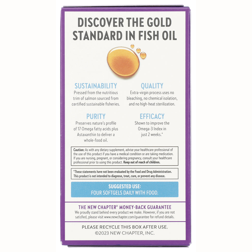NWC112 | Back of fish oil supplement box showing sustainability, quality, purity, efficacy claims and suggested use four softgels daily - Thumbnail