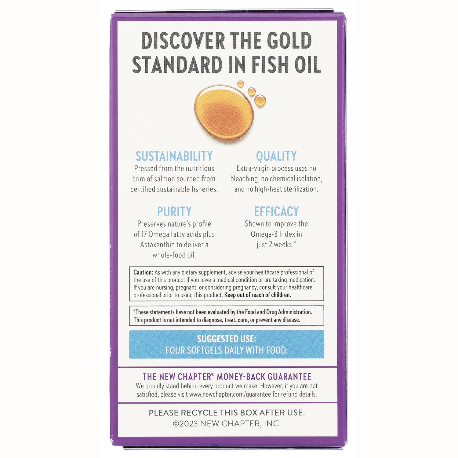 NWC112 | Back of fish oil supplement box showing sustainability, quality, purity, efficacy claims and suggested use four softgels daily